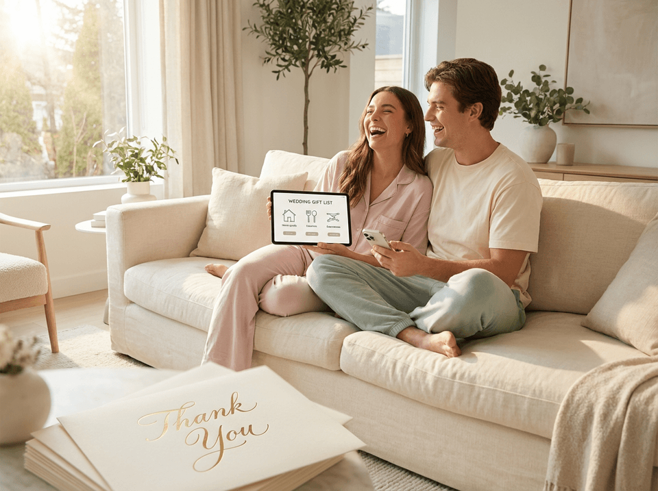 タブレットで結婚祝いリストトラッカーを使って受け取ったギフトを管理するカップル