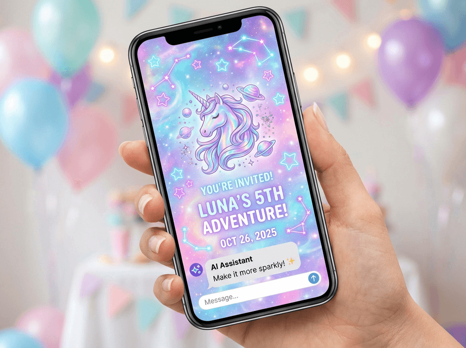 AIチャットで作成されたユニコーンと銀河テーマの女の子用誕生日招待状を表示している携帯電話