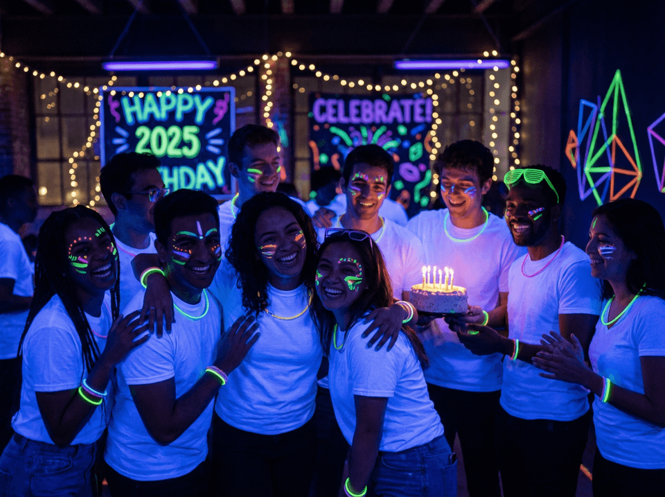 レイブテーマの誕生日パーティーでサイリウムを持って祝う友人たち