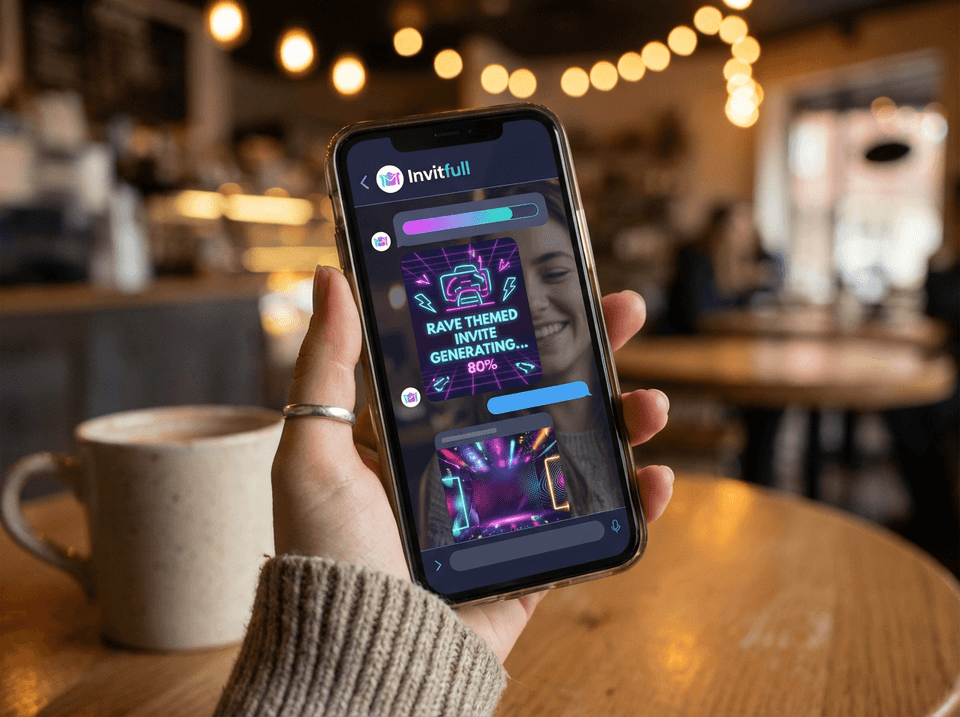 コーヒーショップでスマホを使ってレイブテーマの招待状を作成している女性