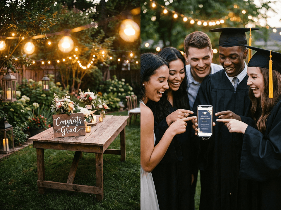 Friends at a graduation party admiring a digital grad party card on a phone
