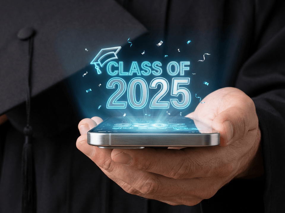 Smartphone displaying a futuristic class of 2025 invite created with AI