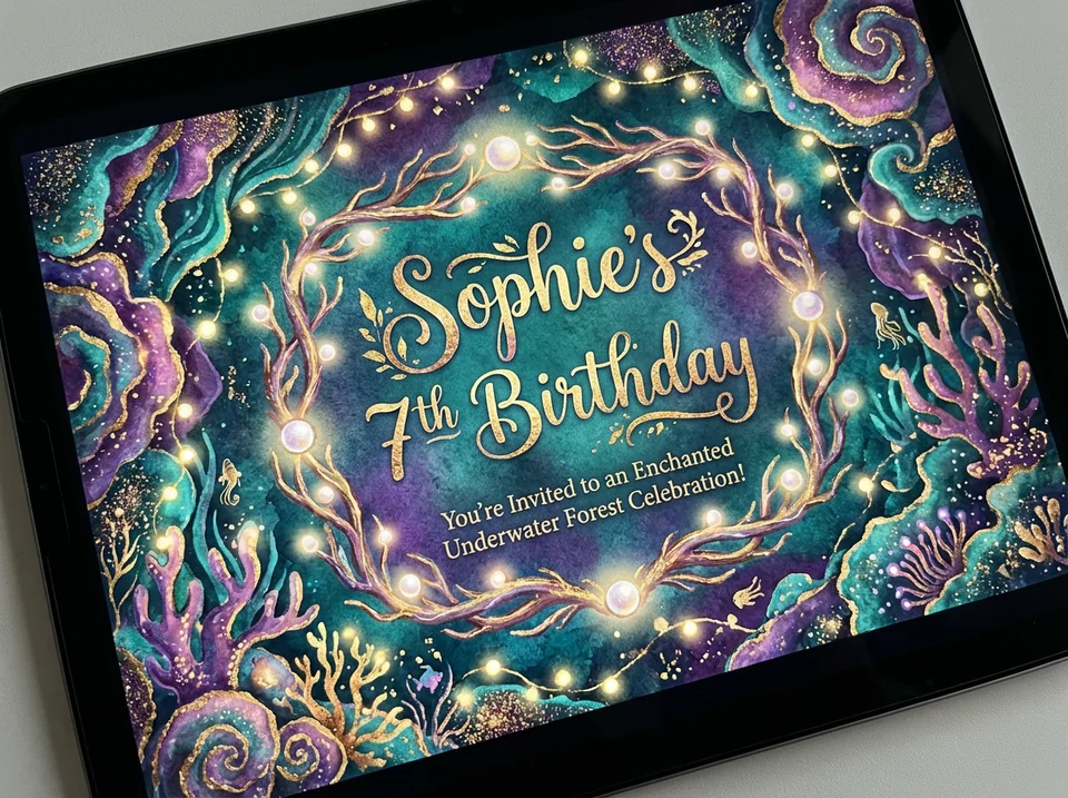 Unique kids party invitation online design featuring magical underwater theme