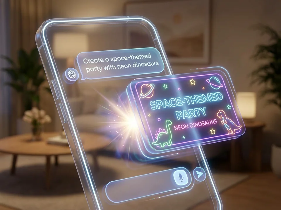 Smartphone showing how to create kids birthday invites via simple text chat interface