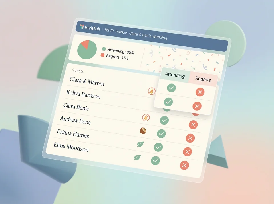 Dashboard interface for digital rsvp kids party tracking showing guest list and dietary needs
