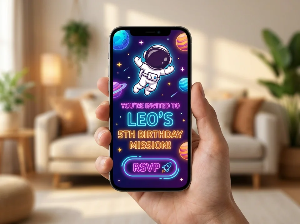 Digital kids birthday invitations rsvp tracking on mobile phone screen showing space theme