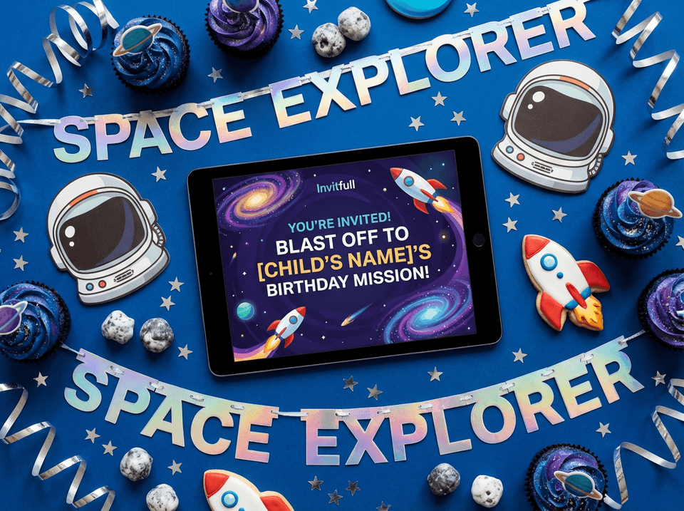 Space themed ai kids party setup with digital invitation and decorations