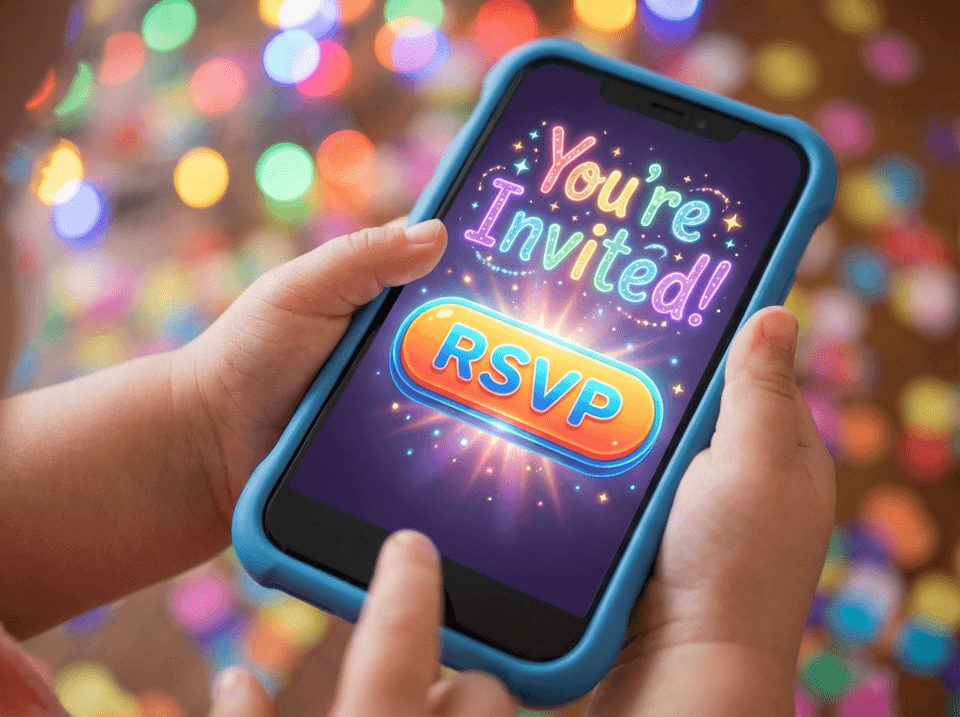 Digital birthday party coordinator RSVP screen on mobile phone