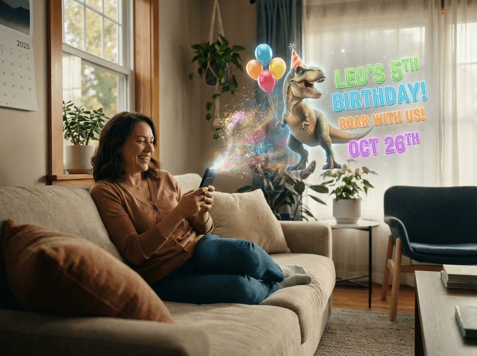 Parent using mobile phone for kids birthday party planning with AI chat interface