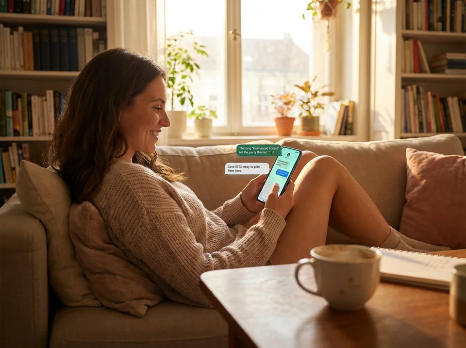 Parent creating matching party invitations easily on a mobile phone via chat