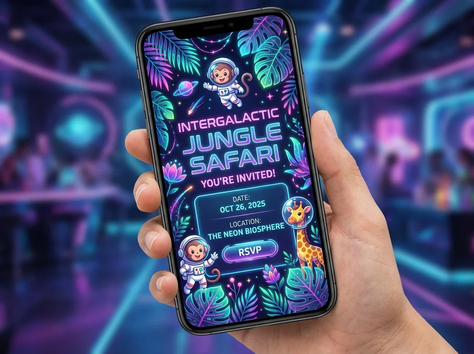 Example of themed kids birthday invites showing an intergalactic jungle safari design on a phone