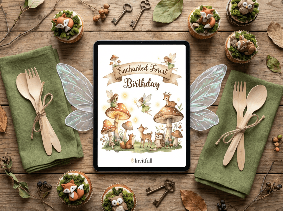 Coordinating themed kids party supplies with a digital invitation