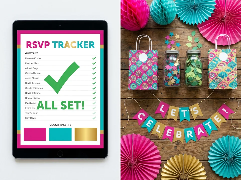 Organized party supplies kids love arranged next to a digital rsvp based planning tool