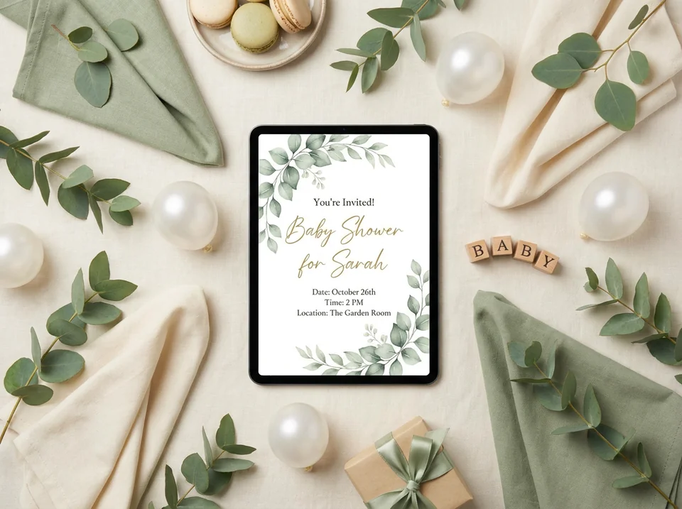 Elegant same day baby shower invite displayed on tablet amidst party decor