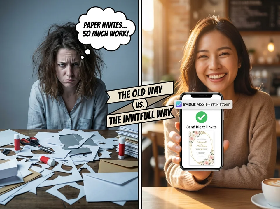 Comparison of traditional stress vs quick baby shower invitation ease with AI