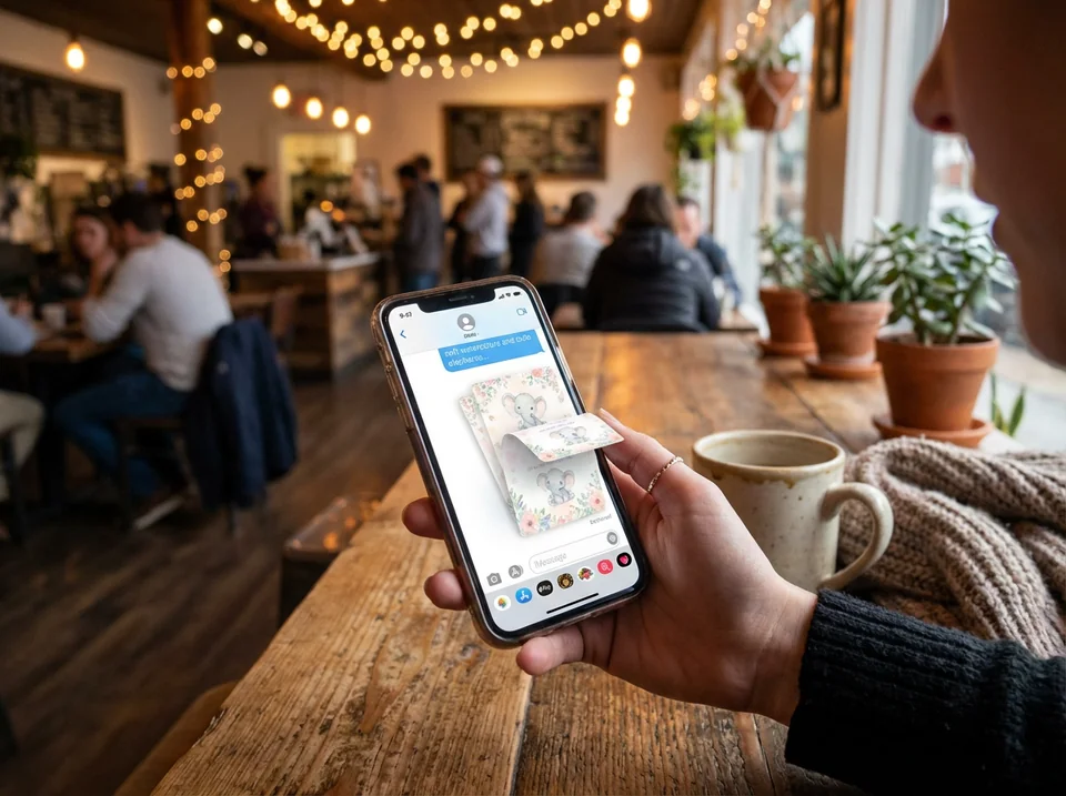 Woman creating last minute baby shower invitations on a smartphone using AI chat