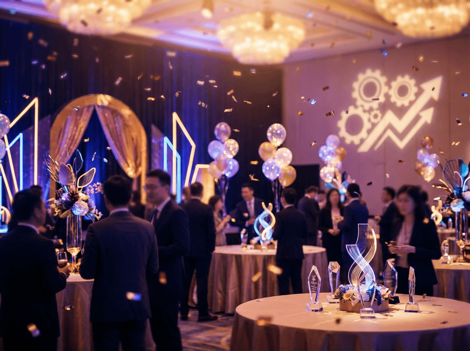 お祝いの装飾が施された企業の祝賀会の雰囲気