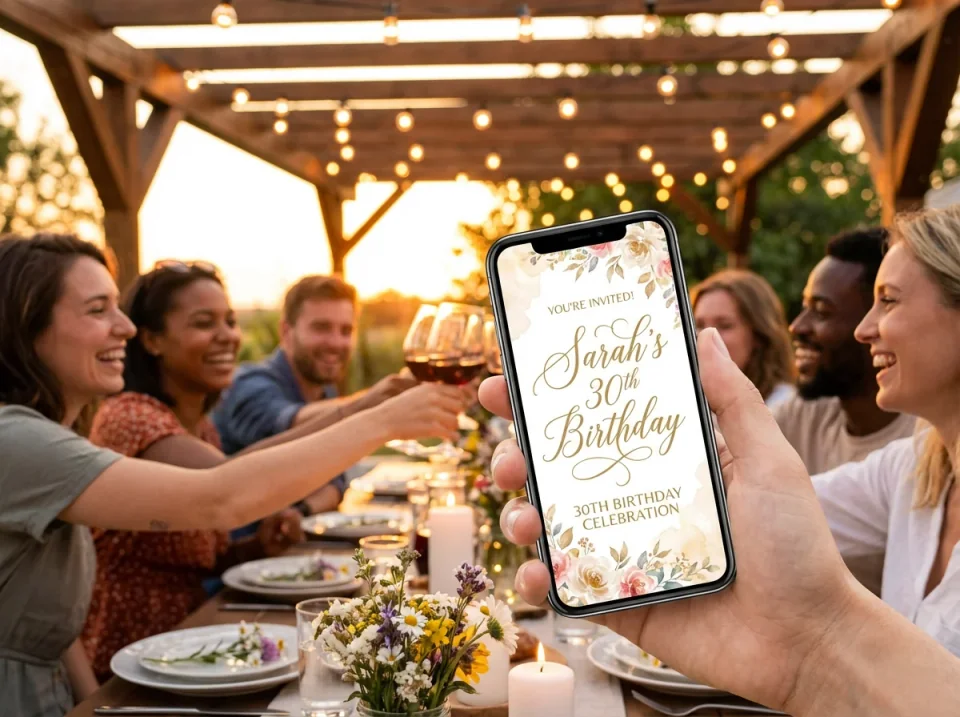 Atmospheric outdoor birthday party with guests enjoying the moment - paperless post alternatives concept