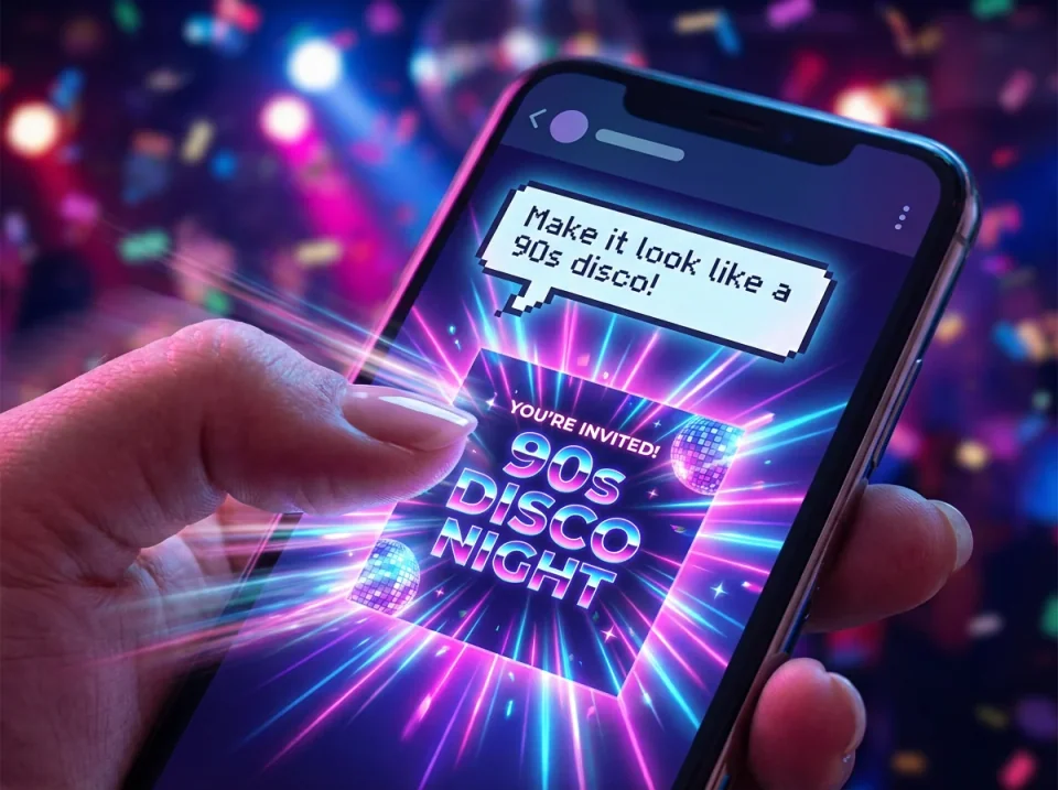 Close up of mobile phone using chat to create designs - paperless post pricing solution