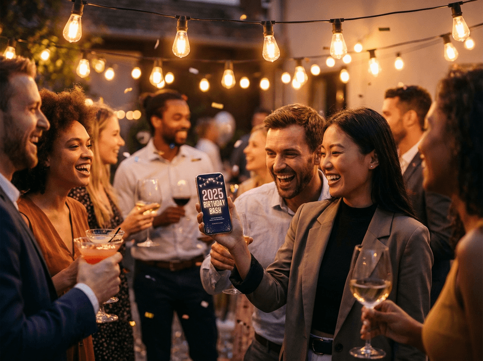 Party guests laughing and admiring a digital invitation on a mobile phone at a birthday celebration