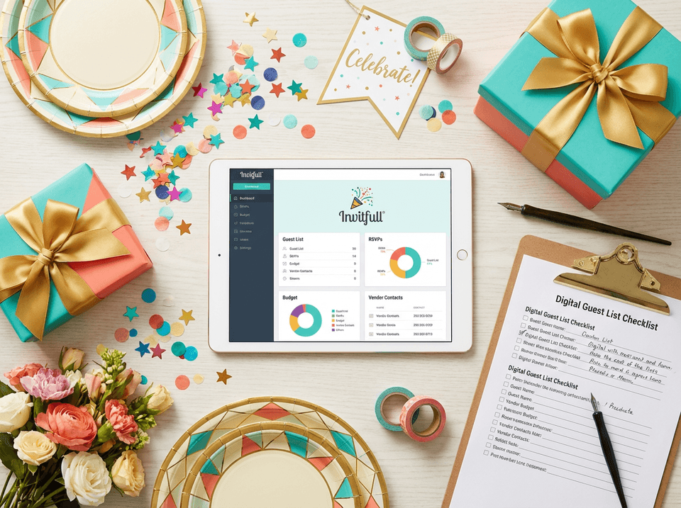 Flat lay of party planning essentials including digital tablet, gifts, and decorations