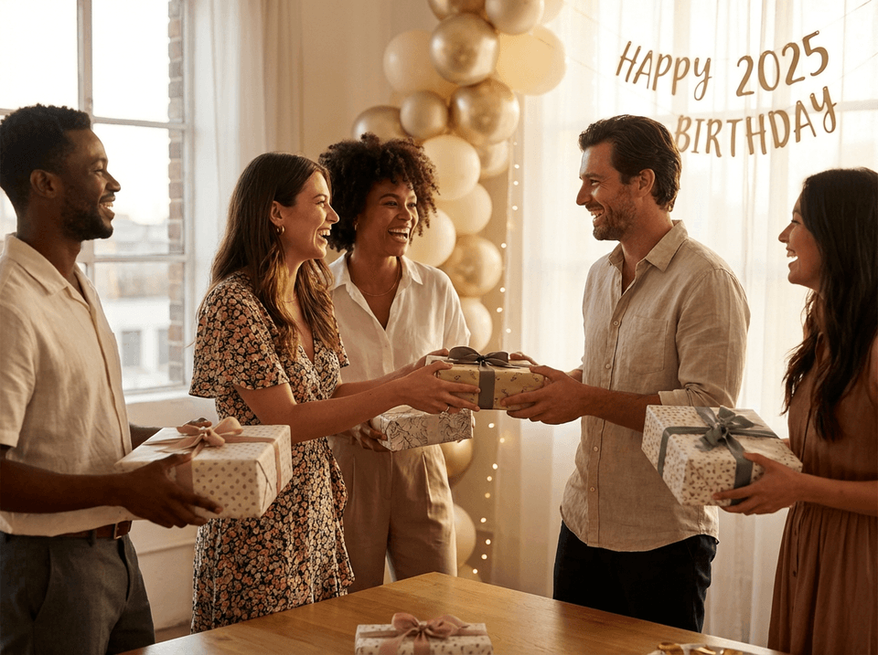 Friends exchanging presents at a birthday celebration illustrating event gift planning success