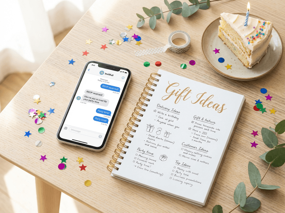 Flat lay of mobile phone and party planning supplies highlighting why use gift lists
