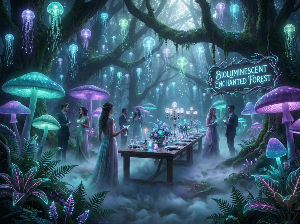 Bioluminescent enchanted forest party atmosphere with glowing plants and magical lighting