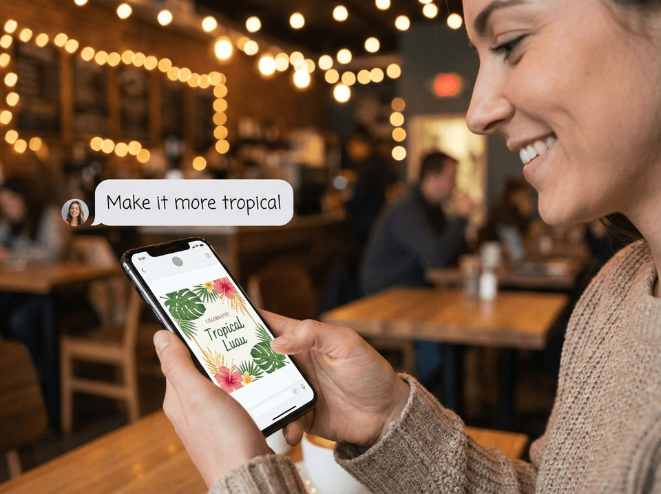 Woman using chat-based party theme generator on mobile phone to create invitations
