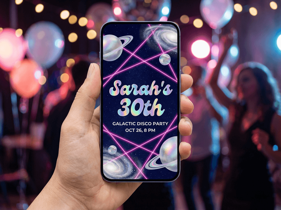 Mobile phone displaying a stunning holographic galaxy themed birthday invitation created with AI