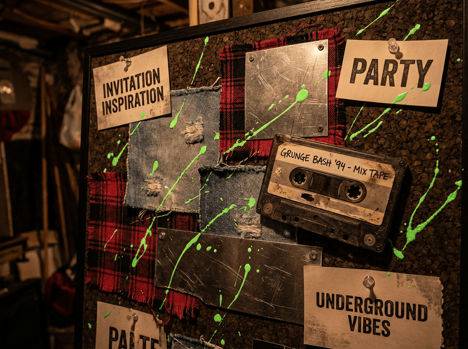 Mood board for a grunge themed party featuring flannel textures, cassette tapes, and distressed metal elements