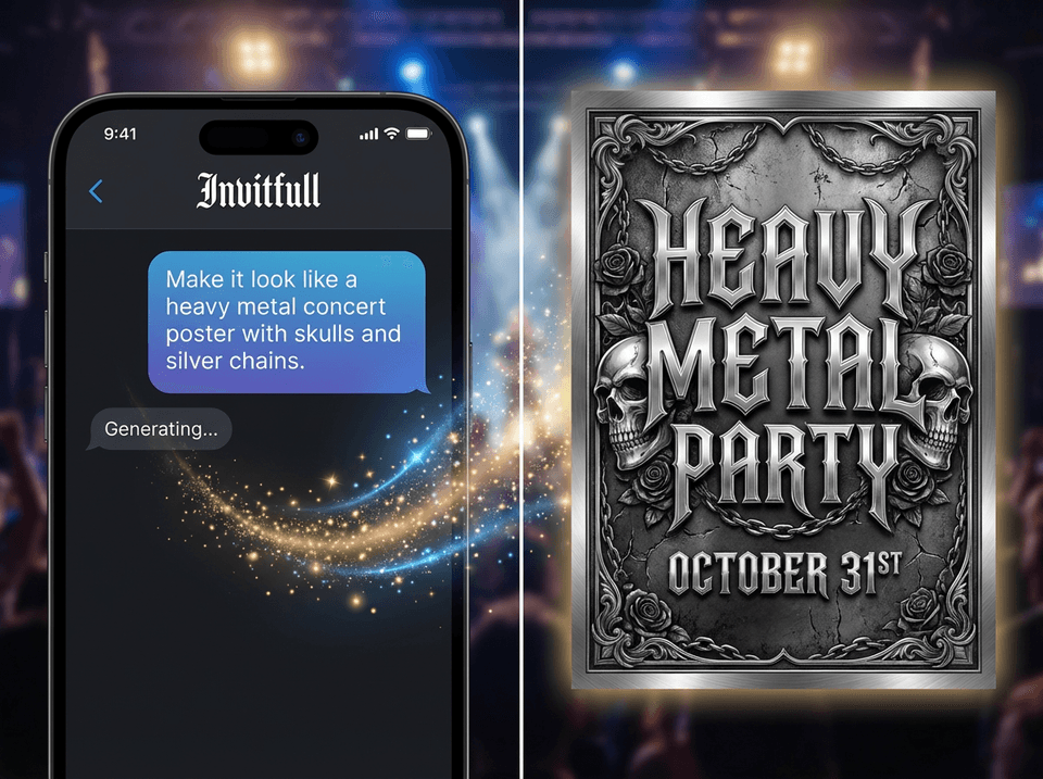 Comparison of simple text chat prompt and the resulting complex metal party invite design