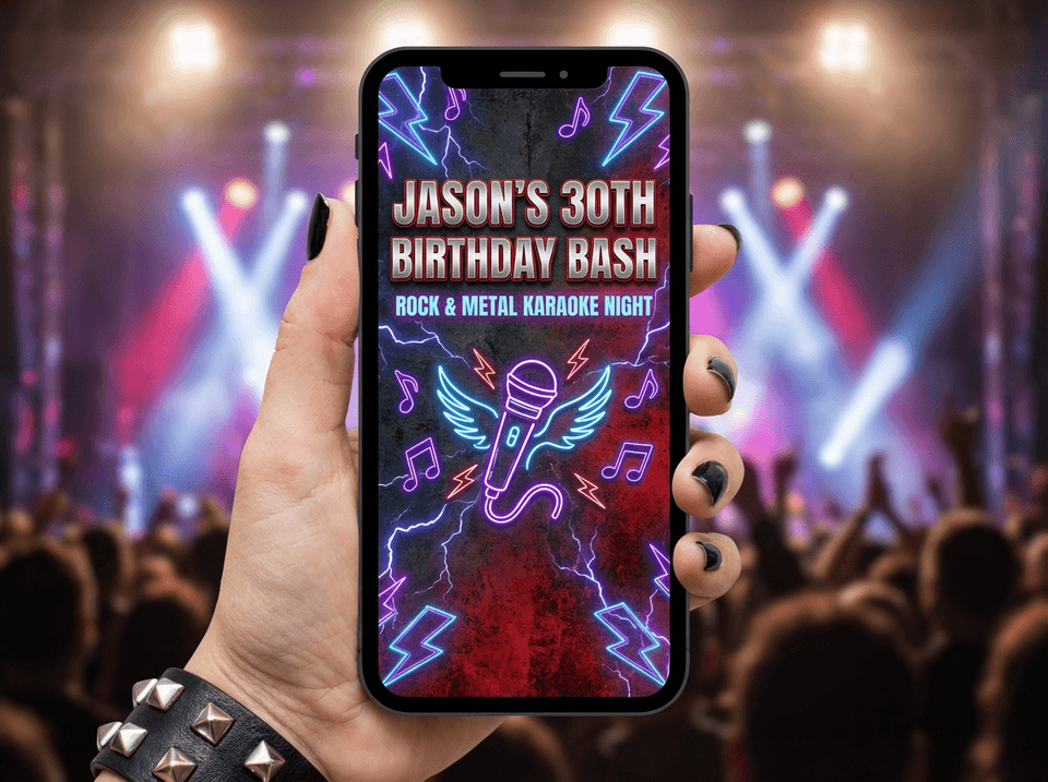 Stunning rock karaoke invitations design on mobile phone with neon microphone and grunge aesthetic