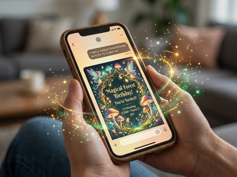 Creating designs better than evite invitations using simple chat commands on mobile