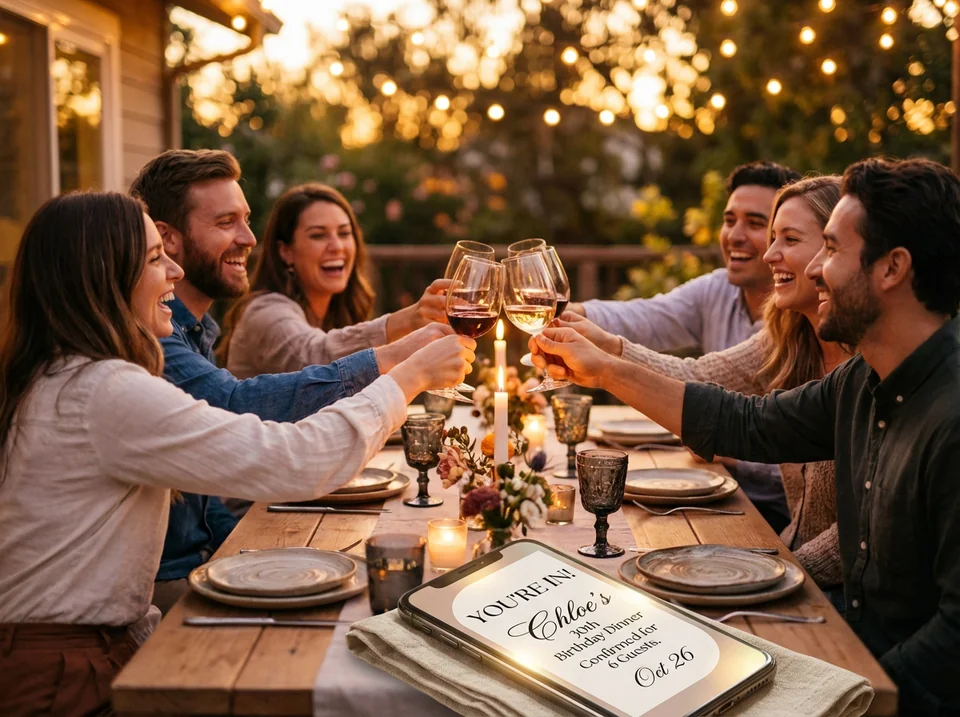 Friends celebrating at a birthday party organized with free online invites