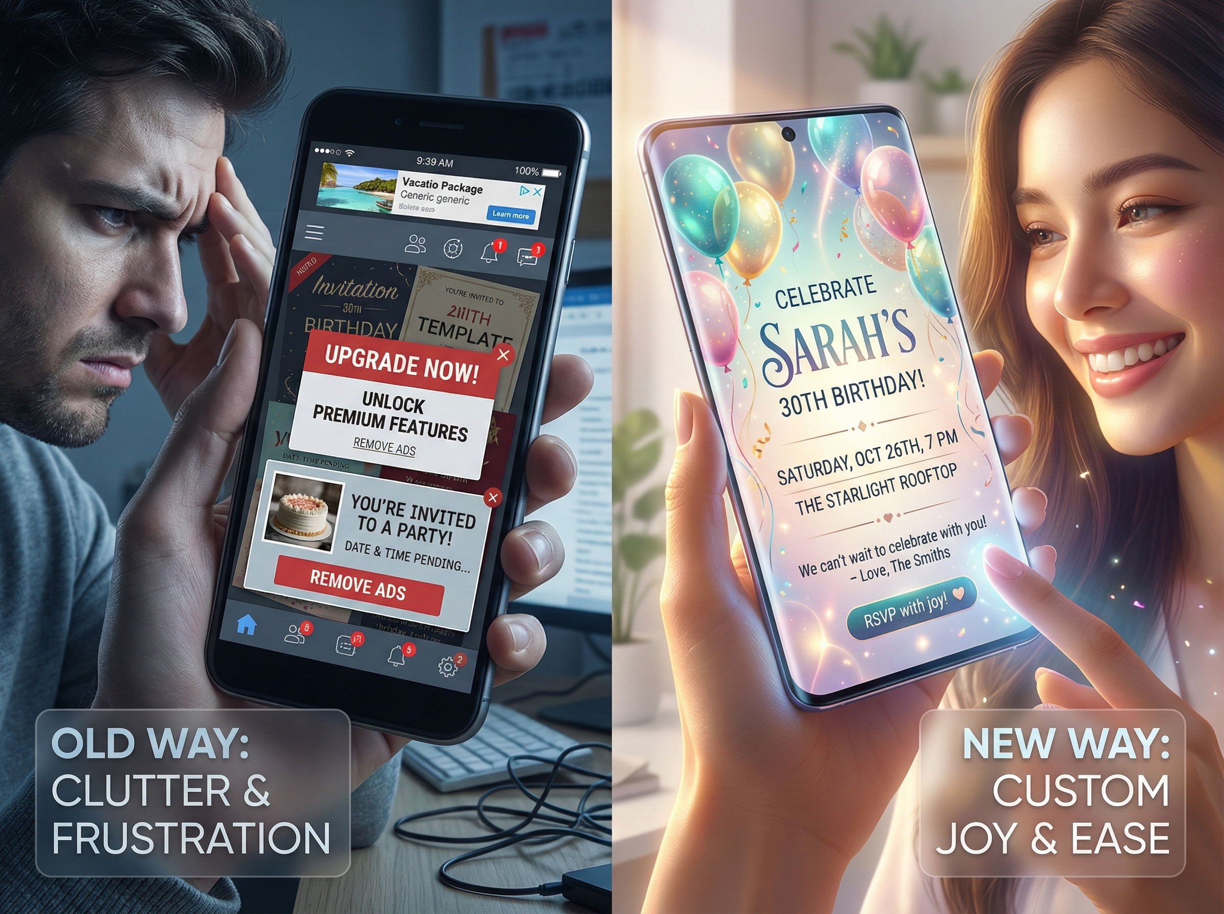 Comparison of cluttered traditional invite apps versus a clean evite alternative free of ads