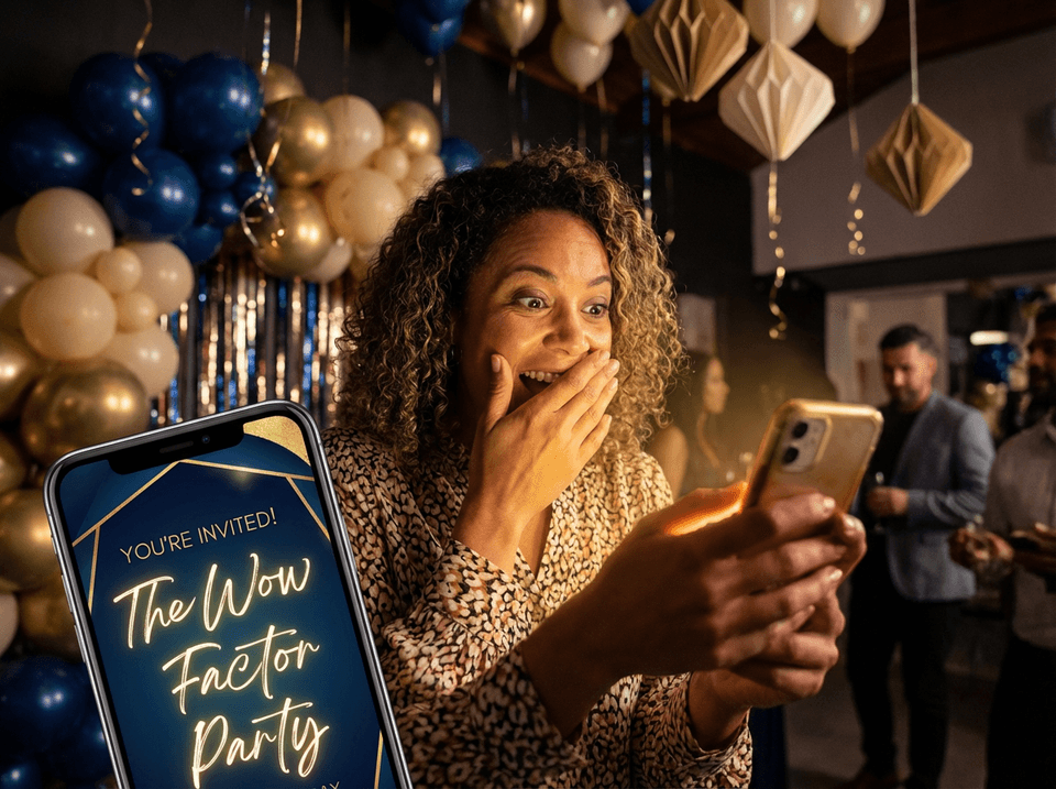 Party guest smiling at a stunning event theme generator invitation on phone