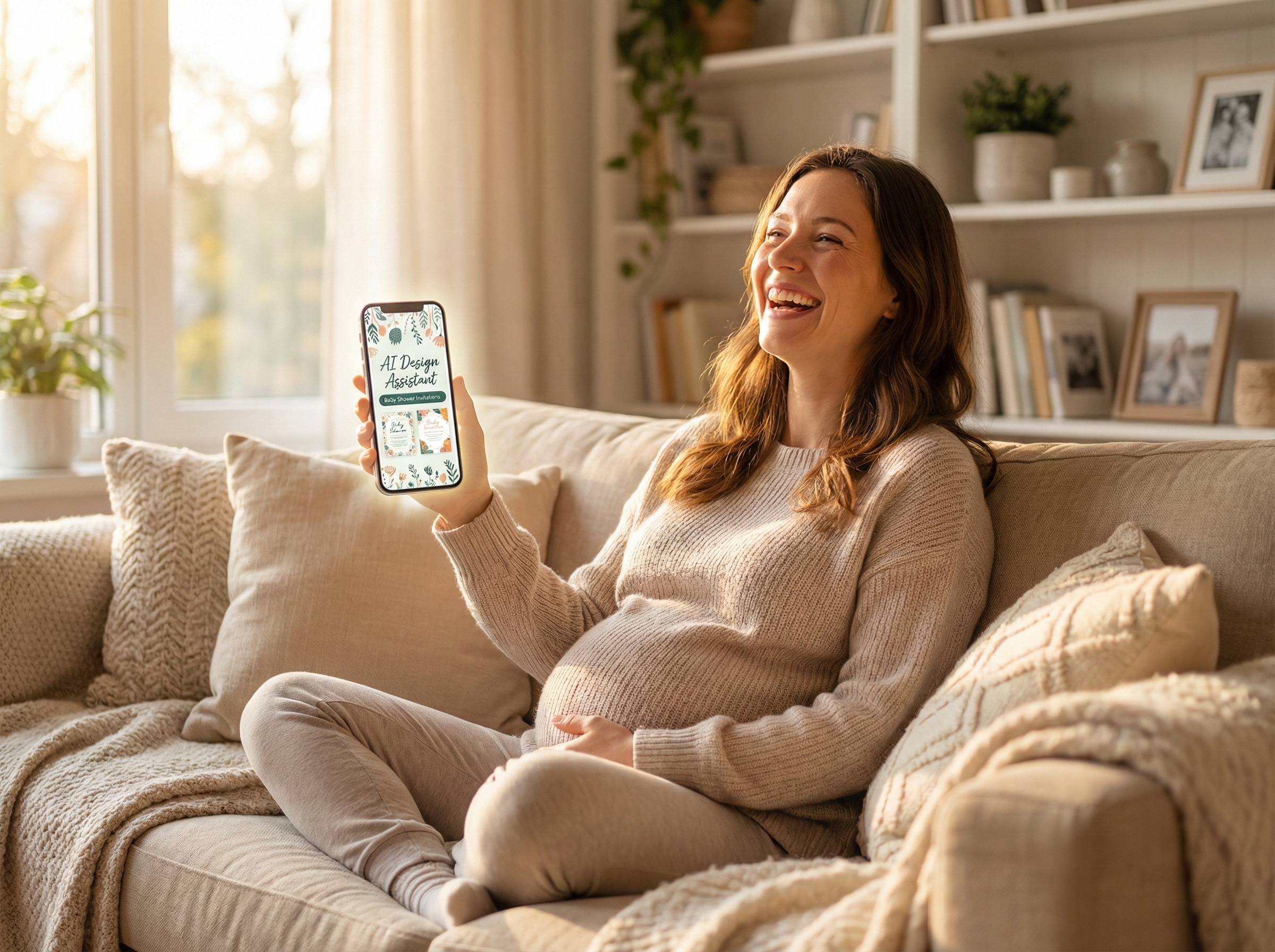 Happy expectant mother designing an online baby shower invite on her phone using chat-based AI