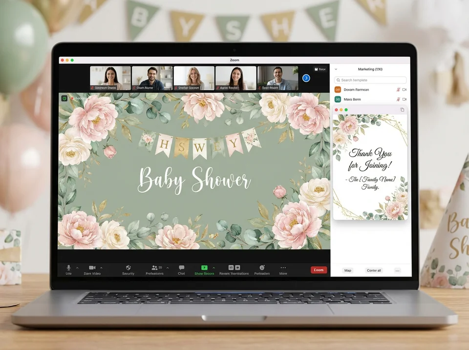 Laptop screen showing a Zoom baby shower invitation theme integrated into a video call interface